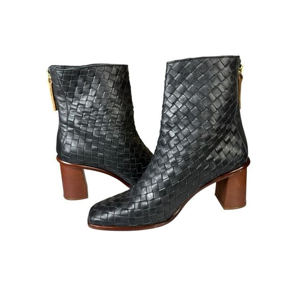 Alohas West Braided Black Leather Ankle Boots Block Heel Size 42 EU 11 US - Picture 7 of 11